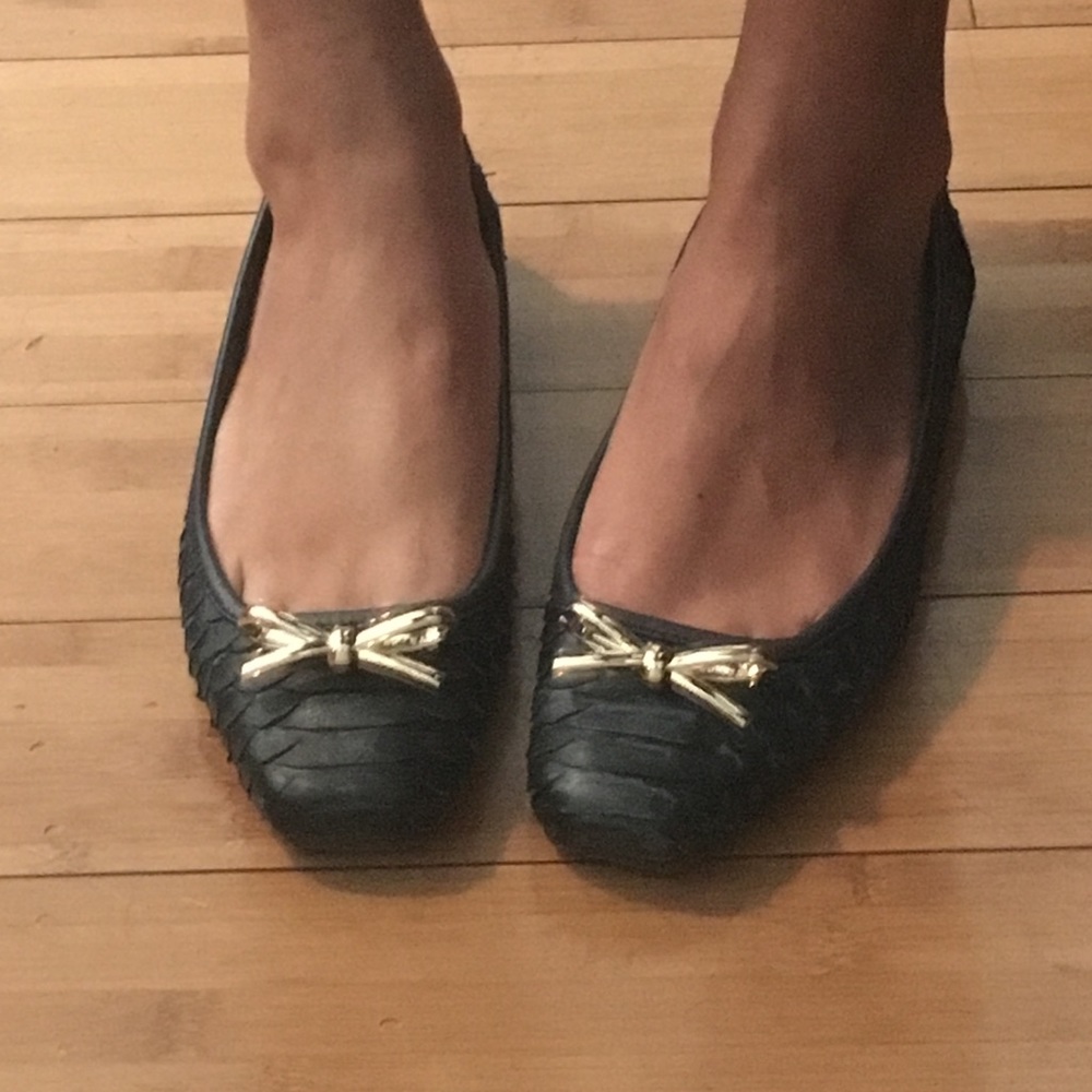 Python Genuine Leather Flats With Gold Metal Bow - image 3